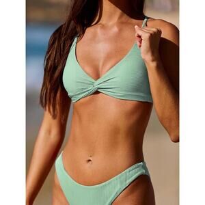 Berlook NWT Twist Backless Bikini Top and Cyan Solid‎ Low Waisted Bikini Bottom